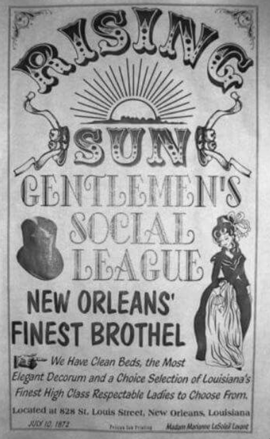 poster - Rasling Sun Gentlemen'S Social League New Orleans' Finest Brothel We Have Clean Beds, the Most Elegant Decorum and a Choice Selection of Louisiana's Finest High Class Respectable Ladies to Choose From. Located at 828 St. Louis Street, New Orleans